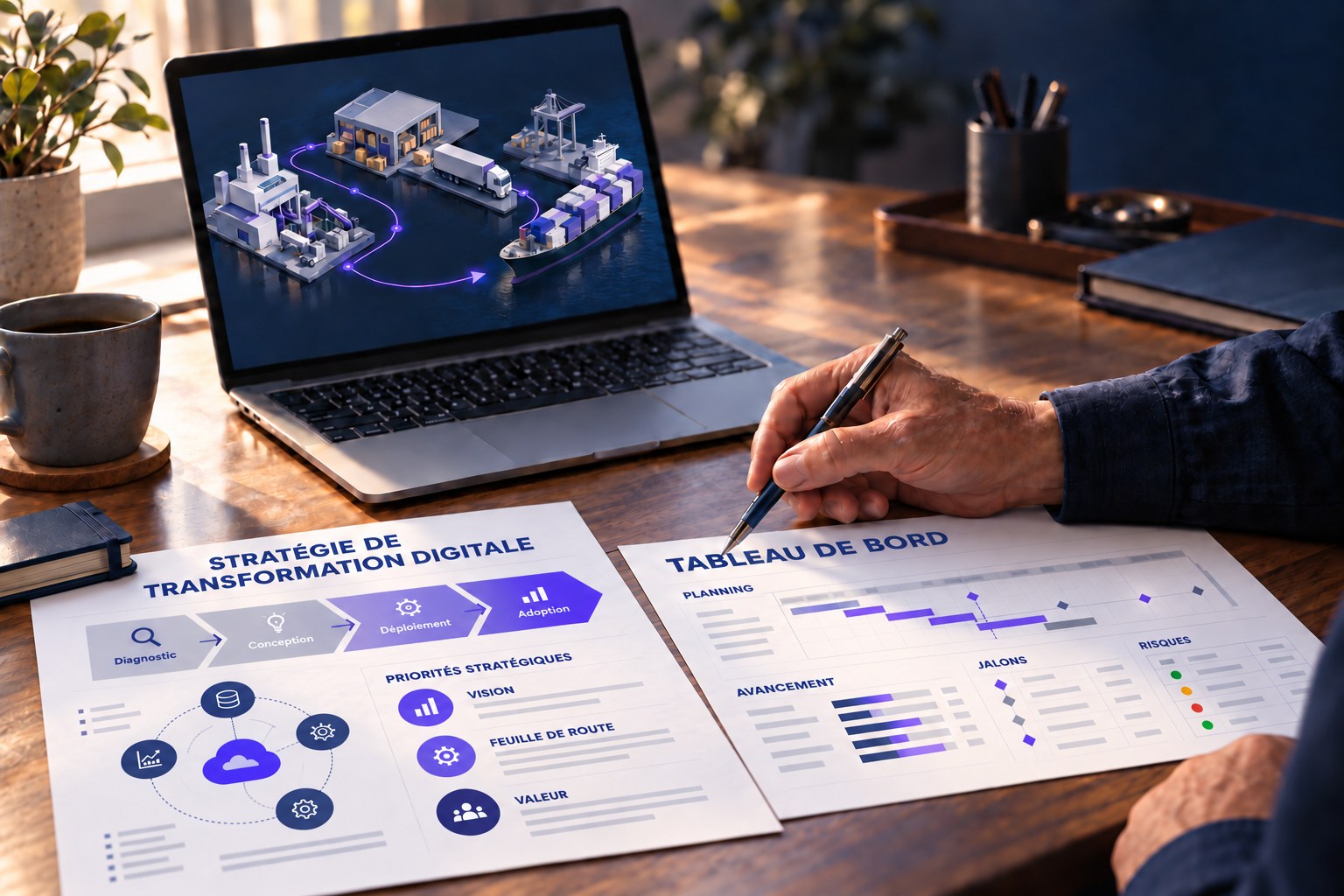 Deux documents de stratégie de transformation digitale et de tableau de bord sur le bureau d’un consultant, avec une illustration supply chain sur son ordinateur